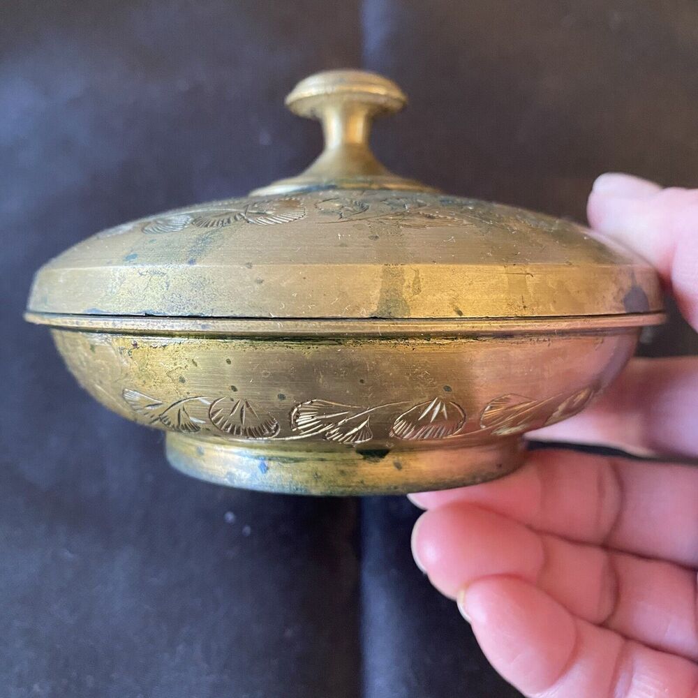Vintage Solid Brass Etched Floral Design Lidded Bowl. Altar. Decor. India.